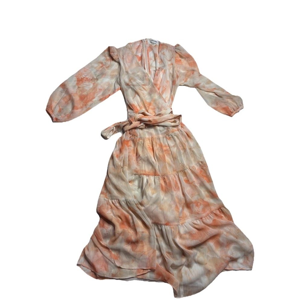 Calvin Klein Womens 6 Dress Floral Surplice Belted V-Neck Ruffle Tiered Boho